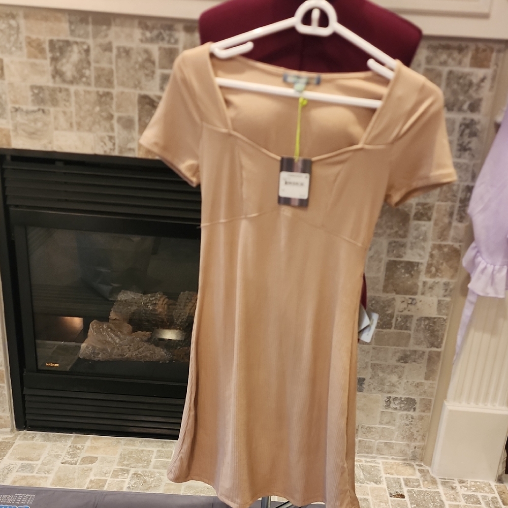 Good Luck Gem Tan Mini Slip Dress Square Neck Short Sleeve
